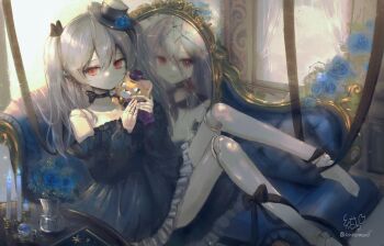 1girl bare_legs barefoot black_bow black_choker black_dress black_hat black_neckerchief black_sleeves blue_fire blue_flower blue_rose bow broken_mirror candle choker closed_mouth commentary_request couch crack cup curtains detached_sleeves different_reflection doll_joints dress dual_persona entangled expressionless fire flower foot_out_of_frame frilled_dress frilled_sleeves frills grey_hair hair_ribbon hands_up hanging hat highres holding holding_stuffed_toy indoors joints konkontsuki long_hair long_sleeves looking_at_viewer mini_hat mini_top_hat mirror neckerchief on_couch orchis petticoat puffy_long_sleeves puffy_sleeves red_eyes reflection ribbon ribbon_choker rose saucer shadowverse shadowverse:_worlds_beyond signature sitting smile spoon strapless strapless_dress stuffed_animal stuffed_cat stuffed_toy table teacup tilted_headwear top_hat twintails twitter_username vase window