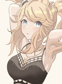 1girl absurdres animal_ears armpits bikini black_bikini blonde_hair blue_eyes blush breasts ear_ornament gold_city_(boho_flare)_(umamusume) gold_city_(umamusume) gold_necklace highres horse_ears horse_girl jewelry long_hair looking_at_viewer masasim medium_breasts necklace official_alternate_costume official_alternate_hairstyle parted_lips ponytail simple_background solo swimsuit umamusume upper_body white_background