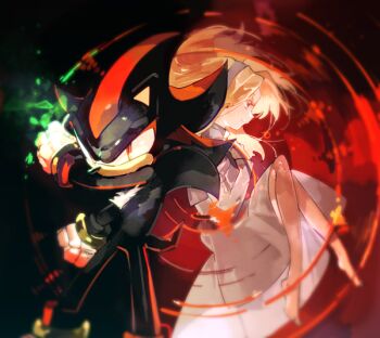 1boy 1girl barefoot blonde_hair blue_hairband clenched_hands furry furry_male gloves gradient_background hairband hashtag-only_commentary higuchi_megumi maria_robotnik red_background red_eyes shadow_the_hedgehog sonic_(series) white_gloves