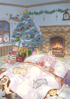1boy 1girl :o animal animal_ear_fluff animal_ears beard blanket box capelet christmas christmas_ornaments christmas_tree closed_eyes commentary_request facial_hair finger_to_mouth fireplace fox fur-trimmed_gloves fur-trimmed_headwear fur_trim gift gift_box gloves hair_between_eyes hat hood hood_down hooded_capelet indoors mustache original parted_lips pink_hair rabbit red_capelet red_gloves red_hat sack santa_hat shushing solo_focus squirrel stuffed_animal stuffed_toy tail teddy_bear under_covers wataame27 wolf-chan_(wataame27) wolf_ears wolf_girl wolf_tail wooden_floor