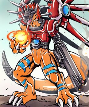 arm_cannon commentary_request cyborg digimon digimon_(creature) dinosaur fire full_body gun handgun helmet highres horns huhunuo111 mechanical_arms mechanical_wings red_hair revolver rizegreymon short_hair single_mechanical_arm solo standing weapon wings yellow_eyes