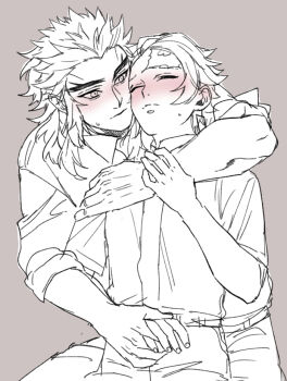 2boys belt blush closed_eyes closed_mouth collared_shirt commentary_request contemporary earrings forked_eyebrows grey_background greyscale hanafuda_earrings hashimoto_(yanagi-momo) holding_another's_wrist holding_hands hug hug_from_behind jewelry kamado_tanjirou kimetsu_no_yaiba long_hair long_sleeves looking_at_another male_focus medium_hair monochrome multicolored_hair multiple_boys necktie pants rengoku_kyoujurou scar scar_on_face scar_on_forehead school_uniform shirt short_hair short_sleeves simple_background sitting sketch sleeves_rolled_up spot_color streaked_hair sweat sweatdrop teacher teacher_and_student thick_eyebrows two-tone_hair yaoi