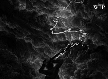 1boy arms_up black_coat black_hair character_request check_character coat dalchi09 from_below greyscale hashtag-only_commentary kim_dokja lightning monochrome omniscient_reader's_viewpoint outdoors painterly scenery short_hair silhouette storm unfinished upper_body wide_shot