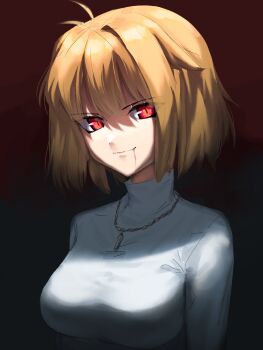 1girl ahoge arcueid_brunestud blonde_hair blood blood_in_mouth breasts hair_intakes highres jewelry looking_at_viewer necklace optaku red_eyes short_hair smile sweater tsukihime tsukihime_(remake) turtleneck turtleneck_sweater vampire white_sweater