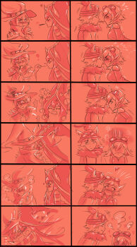 2boys 2girls absurdres blush comic food goggles hat helmet highres kiss league_of_legends long_hair lulu_(league_of_legends) monochrome multiple_boys multiple_girls pocky pocky_kiss shared_food teemo tristana_(league_of_legends) veigar witch_hat yedda50431 yordle