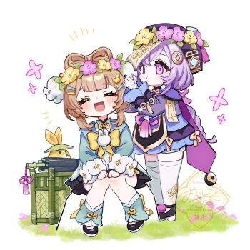 2girls :d ^_^ aqua_dress aqua_leg_warmers artist_name backpack_basket bandaged_arm bandaged_hand bandaged_leg bandages bead_necklace beads black_dress black_nails black_shoes blue_dress blue_umbrella blunt_bangs blush bow bow-shaped_hair bowtie braid braided_ponytail brooch brown_hair cape china_dress chinese_clothes closed_eyes closed_mouth closed_umbrella coin_hair_ornament commentary_request crossed_bangs dress eyelashes fingernails flower flower_wreath genshin_impact grass hair_between_eyes hair_flower hair_ornament hairclip happy hat hat_tassel head_wreath highres jewelry jiangshi layered_dress leg_warmers long_hair long_sleeves medium_hair multiple_girls nail_polish necklace notice_lines official_alternate_costume ofuda ofuda_on_head oishii_sasa on_rock open_mouth orb pink_flower pom_pom_(clothes) purple_cape purple_dress purple_eyes purple_hair purple_hat qingdai_guanmao qiqi_(genshin_impact) rabbit_hair_ornament rock shoes sidelocks simple_background sitting smile standing tassel thighhighs twitter_username umbrella very_long_hair vision_(genshin_impact) watermark white_background white_bow white_bowtie white_flower white_thighhighs yaoyao_(genshin_impact) yaoyao_(rainlit_bamboo_reverie)_(genshin_impact) yellow_flower yin_yang yin_yang_orb yuegui_(genshin_impact)