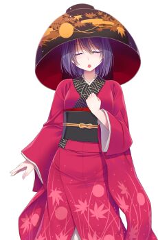 Rule 34 | 1girl, black hat, black sash, bowl, bowl hat, breasts, clenched hand, closed eyes, colored eyelashes, commentary request, cowboy shot, crote, eyes visible through hair, facing viewer, hair between eyes, hand on own chest, hat, highres, japanese clothes, kimono, large variant set, leaf print, long sleeves, obi, open mouth, purple hair, red kimono, sash, short hair, small breasts, solo, standing, sukuna shinmyoumaru, tachi-e, teeth, touhou, transparent background, u u, upper teeth only, v-shaped eyebrows, variant set, wide sleeves