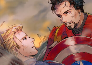 2boys armor avengers:_endgame avengers_(series) black_hair blonde_hair blue_bodysuit blue_eyes bodysuit brown_eyes captain_america commentary_request facial_hair full_armor grey_sky holding holding_shield iron_man looking_at_another lying male_focus marvel marvel multicolored_armor multiple_boys on_back outdoors power_armor red_armor shield short_hair silversnow sitting sky smile star_(symbol) steve_rogers striped superhero_costume sweat teeth tony_stark yellow_armor