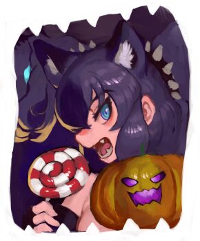 Rule 34 | 1girl, animal ear fluff, animal ears, bare shoulders, black gloves, black hair, blue eyes, blush, candy, cerberus (kemono friends), dog ears, dog girl, elbow gloves, extra ears, fangs, fingerless gloves, food, gloves, hair between eyes, hairband, halloween, handsdsds, highres, jack-o'-lantern, kemono friends, lollipop, looking at viewer, multicolored hair, open mouth, purple hair, short hair, sidelocks, solo, spiked hairband, spikes, strapless, tube top