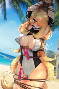 1girl against_tree areola_slip armpits arms_up ball_gag bdsm beach black_eyes black_one-piece_swimsuit blonde_hair blue_sky blurry blurry_background blush bondage bound bound_arms bound_legs breasts cameltoe commission covered_navel cowboy_shot cynthia_(pokemon) day dive_ball female_focus gag gagged hair_ornament hair_over_one_eye highres kaneeru large_breasts long_hair looking_at_viewer nintendo nipple_stimulation ocean one-piece_swimsuit outdoors palm_tree poke_ball pokemon pokemon_dppt pussy_juice pussy_juice_stain rope saliva sex_toy signature sky solo standing sweat swimsuit tree two-tone_swimsuit very_long_hair vibrator vibrator_cord vibrator_on_nipple vibrator_under_clothes water white_one-piece_swimsuit