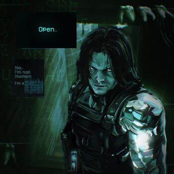 1boy armor bucky_barnes captain_america:_the_winter_soldier captain_america_(series) commentary english_commentary english_text glitch green_theme highres horror_(theme) kameyasart looking_at_viewer looking_up male_focus marvel medium_hair night_vision no_i&#039;m_not_a_human no_i&#039;m_not_a_human_(style) parted_hair prosthesis prosthetic_arm solo upper_body winter_soldier