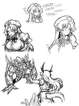 Rule 34 | !, 1girl, 2others, :<, absurdres, arianne20131, arm behind back, arrow (symbol), beret, bow, bowing, braid, braided sidelocks, breast focus, breasts, character request, china dress, chinese clothes, closed mouth, commentary, curtained hair, dagger, disembodied hand, dragon girl, dragon horns, dress, english commentary, english text, floating hair, flying sweatdrops, from behind, hat, hat bow, hat ornament, highres, hong meiling, horns, imminent impact, kemonomimi mode, knife, large breasts, light frown, long hair, multiple others, multiple views, object request, open mouth, puffy short sleeves, puffy sleeves, short sleeves, side slit, simple background, sketch, smile, speech bubble, split mouth, star (symbol), star hat ornament, touhou, weapon, white background