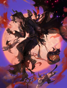 1boy :d absurdres animal animal_on_shoulder arm_at_side arm_ribbon asymmetrical_sleeves bat_wings black_boots black_cat black_cloak black_hair black_horns black_pants black_ribbon black_robe blue_eyes boots cat chinese_commentary clarence_clayden clarence_clayden_(magical_halloween) cloak clothed_animal curtained_hair dragon dragon_horns eyes_in_shadow finger_to_mouth fire food from_side full_body full_moon glasses grey_cat halloween hexagram high_up highres holding holding_food holding_pumpkin holding_vegetable hood hood_up hooded_robe horns jack-o&#039;-lantern long_sleeves looking_at_viewer lovebrush_chronicles male_focus moon noir_(ibaraki) official_alternate_costume opaque_glasses open_mouth pants parted_bangs partially_opaque_glasses pumpkin purple_sky ribbon robe short_hair shushing sky sleeves_past_wrists small_dragon smile solo standing standing_on_one_leg star_of_david torn_cloak torn_clothes torn_robe vegetable wide_sleeves winged_animal wings