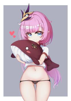 1girl absurdres aged_down black_panties blue_eyes border bow bow_panties cameltoe dr3amoon elf elysia_(honkai_impact) elysia_(miss_pink_elf)_(honkai_impact) grey_background hair_ornament highres honkai_(series) honkai_impact_3rd hugging_doll hugging_object loli long_hair looking_at_viewer midriff navel panties pink_hair pointy_ears shirt simple_background smile solo thighs underwear very_long_hair white_border white_shirt
