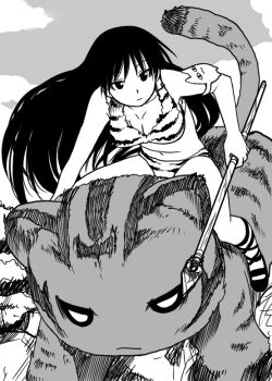 Rule 34 | 1girl, animal print, azumanga daiou, bikini, breasts, cleavage, female focus, greyscale, large breasts, long hair, maya (azumanga), mayaa (azumanga daioh), mihama chiyo's father, monochrome, polearm, riding, sakaki (azumanga daioh), sakaki imasato, solo, spear, swimsuit, tiger, tiger print, weapon