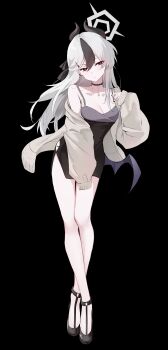 1girl absurdres black_background black_choker black_dress black_hair black_horns black_wings blue_archive breasts choker cleavage commission dress full_body halo hand_up highres horns kayoko_(blue_archive) kayoko_(dress)_(blue_archive) liaowen long_hair long_sleeves looking_at_viewer low_wings medium_breasts off_shoulder official_alternate_costume parted_lips red_eyes simple_background single_bare_shoulder solo standing thighs white_hair wings