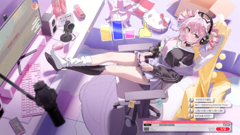 1girl ? absurdres animal_ears arknights asymmetrical_legwear asymmetrical_shirt black_collar black_jacket black_shirt black_socks blowing_bubble_gum blush braid breasts cable cellphone chair chat_log chewing_gum chinese_text collar collarbone commentary_request computer_keyboard computer_mouse cone_hair_bun controller detached_collar double_bun drill_hair duck_lord_(arknights) elden_ring elinnasky emoji feet_on_table frilled_sleeves frills game_controller gamepad gaming_chair gopnik_(arknights) hair_between_eyes hair_bun hamster_ears headphones heart hello_kitty hello_kitty_(character) highres holding holding_controller holding_game_controller jacket kneehighs livestream long_sleeves looking_at_viewer medium_breasts medium_hair microphone miniskirt mismatched_legwear monster_energy no_shoes off_shoulder phone pink_eyes pink_hair pink_shirt purple_skirt purple_streaks sanrio shirt short_sleeves sidelocks skirt smartphone socks solo speaker sticky_note stream_deck swivel_chair thighs thumbs_up translation_request twin_drills two-tone_shirt u-official_(arknights) white_socks