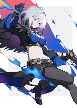 1girl absurdres arm_up black_boots black_gloves black_jacket black_pantyhose black_shorts blue_bra blue_nails boots bra breasts commentary_request cropped_jacket earrings galbrena_(wuthering_waves) gloves grey_hair gun high_heel_boots high_heels highres holding holding_gun holding_weapon jacket jewelry looking_at_viewer medium_breasts medium_hair navel pantyhose purple_eyes shorts sidelocks single_glove solo stomach underwear very_long_fingernails weapon wuthering_waves xue_jian_ying