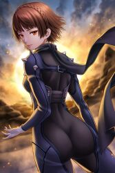 Rule 34 | 1girl, ass, black bodysuit, black scarf, bodysuit, braid, brown eyes, brown hair, closed mouth, commentary request, crown braid, floating hair, from behind, gloves, highres, lips, long sleeves, looking at viewer, masatoshi 1219, niijima makoto, persona, persona 5, pink lips, scarf, short hair, solo, spikes, white gloves