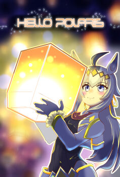 Rule 34 | 1girl, ahoge, animal ears, blue eyes, blush, closed mouth, clothing cutout, cropped jacket, gokudoh, grey hair, grey leotard, hair between eyes, hair ornament, hair ribbon, highres, hip vent, holding, holding lantern, horse ears, horse girl, jacket, lantern, leotard, long hair, long sleeves, neckerchief, official alternate costume, oguri cap (cinderella gray) (umamusume), oguri cap (umamusume), ponytail, red neckerchief, ribbon, smile, solo, umamusume, umamusume: cinderella gray, upper body, white jacket