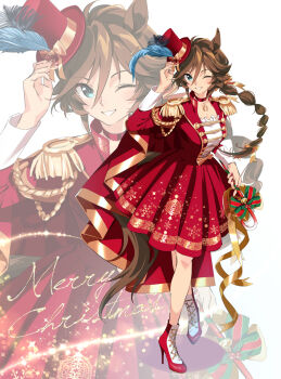 1girl alternate_costume animal_ears blue_eyes blush braid braided_ponytail breasts brown_hair christmas commentary_request epaulettes hat high_heels highres holding horse_ears horse_girl horse_tail long_hair long_sleeves looking_at_viewer medium_breasts mini_hat mini_top_hat mr._c.b._(umamusume) one_eye_closed open_mouth ponytail red_shirt red_skirt shirt skirt smile tail taromarun top_hat umamusume white_shirt zoom_layer