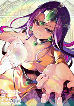 1girl breasts dark-skinned_female dark_skin dragon_quest dragon_quest_iv kuzuno_ha long_hair looking_at_viewer minea_(dq4) parted_bangs purple_hair smile solo