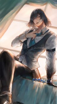 1boy absurdres adam's_apple adjusting_clothes adjusting_necktie arm_support black_hair black_pants black_vest collared_shirt commentary english_commentary fate/grand_order fate_(series) highres long_sleeves looking_at_viewer necktie oberon_(fate) open_mouth pants renrenka_noi shirt short_hair sitting solo unworn_headwear vest white_shirt window