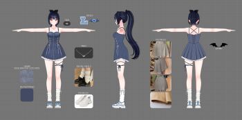 1girl absurdres bare_shoulders black_hair blue_dress blue_hair blue_shoes bow breasts commentary dress full_body grey_background highres kingkangmat korean_commentary lilpa long_hair looking_at_viewer multicolored_hair multiple_views official_art outstretched_arms ponytail red_eyes reference_sheet shoes short_dress sleeveless sleeveless_dress sneakers socks spaghetti_strap standing streaked_hair thigh_strap virtual_youtuber waktaverse white_socks