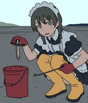 1girl apron bag black_dress braid clam_digging commentary dress english_commentary gloves gosari_draw green_eyes highres holding maid maid_apron maid_headdress original puffy_short_sleeves puffy_sleeves red_gloves shell short_sleeves solo squatting sweat twin_braids