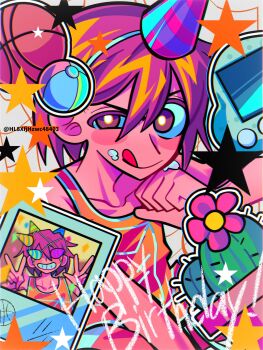 1boy blush bright_pupils brown_eyes brown_hair closed_mouth collarbone dark-skinned_male dark_skin double-parted_bangs hair_between_eyes haiyang_shengwu happy_birthday hat highres kel_(faraway)_(omori) kel_(omori) looking_at_viewer male_focus omori party_hat photo_(object) short_hair smile solo tongue tongue_out twitter_username upper_body white_pupils