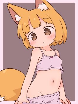 1girl :&lt; absurdres animal_ear_fluff animal_ears blush border bra breasts brown_background brown_eyes closed_mouth commentary_request cowboy_shot fox_ears fox_girl fox_tail groin highres irohiza loli navel original outside_border panties pink_bra pink_panties short_hair simple_background small_breasts solo tail underwear underwear_only white_border