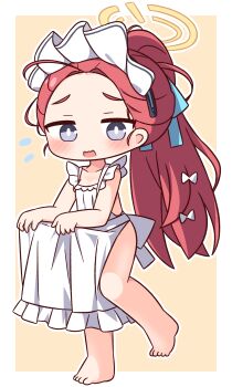 1girl absurdres apron apron_hold barefoot blue_archive blue_ribbon blush border bow collarbone commentary_request flying_sweatdrops frilled_apron frills full_body grey_eyes hair_bow hair_ribbon halo hana_kazari highres long_hair looking_at_viewer maid_headdress naked_apron open_mouth outline outside_border ponytail red_hair ribbon simple_background solo standing standing_on_one_leg wavy_mouth white_apron white_border white_bow white_outline yellow_background yellow_halo yuzu_(blue_archive) yuzu_(maid)_(blue_archive)