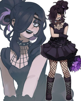 1girl absurdres belt boots bouquet bow collar commentary dress dress_bow ear_piercing eyeshadow fishnet_pantyhose fishnets flower full_body gloves grin hair_bun hair_over_one_eye half-closed_eyes highres holding holding_bouquet holding_own_arm lace-up_boots looking_to_the_side makeup multicolored_hair multiple_belts open_mouth original pantyhose piercing projected_inset purple_eyeshadow purple_hair purple_lips short_sleeves single_side_bun sky_guy_art smile spiked_collar spikes sweat