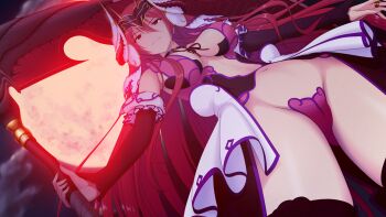 1girl black_sleeves black_thighhighs breasts bridal_gauntlets choker cleavage closed_mouth cloud demon_horns detached_sleeves dutch_angle from_below full_moon game_cg gluteal_fold hair_between_eyes holding holding_scythe holding_weapon horns jewelry kourin_tenshi_en_ciel_rena large_breasts large_variant_set long_hair looking_at_viewer looking_down lucifer_rena maebari moon navel night non-web_source official_art outdoors red_eyes red_hair red_moon revealing_clothes ring saitou_natsuki scythe sky solo strapless_bottom suhamaya thighhighs tomoe_rena variant_set very_long_hair weapon