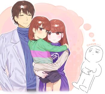 1boy 1girl blush brown_hair chara_(undertale) chisk_(undertale) commentary frisk_(undertale) heart_soma highres holding if_they_mated long_hair long_sleeves pants shirt simple_background speech_bubble symbol-only_commentary thought_bubble undertale utdr_(toby_fox)