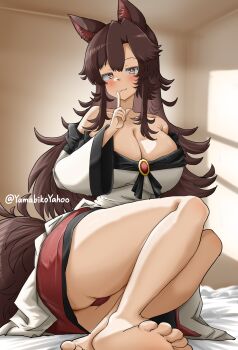 1girl absurdres animal_ear_fluff animal_ears barefoot blush breasts brown_eyes brown_hair cameltoe cleavage closed_mouth commentary dress full_body highres huge_breasts imaizumi_kagerou index_finger_raised indoors long_hair long_sleeves looking_at_viewer off-shoulder_dress off_shoulder sitting smile solo symbol-only_commentary tail touhou twitter_username two-tone_dress very_long_hair wide_sleeves wolf_ears wolf_girl wolf_tail yamabikoyahoo