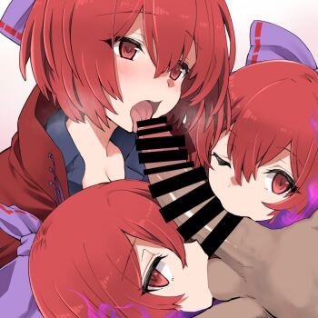 1boy 1girl bar_censor bow censored commentary_request cooperative_fellatio disembodied_head erection fellatio fujii_jun hair_bow hetero multiple_heads oral penis purple_bow red_eyes red_hair sekibanki short_hair simple_background teamwork_(sexual) testicle_sucking tongue tongue_out touhou white_background