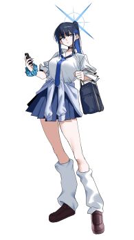 1girl absurdres bag black_hair blue_archive blue_eyes blue_hair blue_halo blue_necktie breasts brown_shoes choker clothes_around_waist colored_inner_hair halo highres holding holding_phone jacket jacket_around_waist koppepan_agp large_breasts long_hair looking_to_the_side loose_socks multicolored_hair necktie phone ponytail saori_(blue_archive) school_bag scrunchie shirt shoes sidelocks sleeves_rolled_up socks solo thighs white_jacket white_shirt white_socks wrist_scrunchie