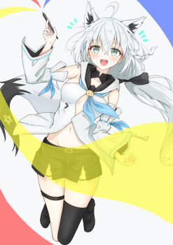 1girl absurdres ahoge animal_ears aqua_eyes arm_up black_footwear black_ribbon black_shorts black_thighhighs blush braid chikuwa_(user_kngc4387) commentary detached_sleeves floating_hair fox_ears fox_girl fox_tail front_slit full_body hair_ribbon highres hip_bones holding holding_stylus hololive hood hooded_vest hoodie long_hair long_sleeves looking_at_viewer low_ponytail midriff navel notice_lines open_mouth pentagram ponytail ribbon shirakami_fubuki shirakami_fubuki_(1st_costume) shorts side_braid simple_background single_thighhigh smile solo strapless stylus tail teeth thigh_strap thighhighs upper_teeth_only vest virtual_youtuber white_background white_hair white_sleeves white_vest wide_sleeves