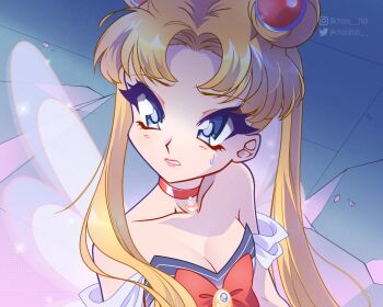 1girl adapted_costume bad_id bad_twitter_id bare_shoulders bishoujo_senshi_sailor_moon blonde_hair blue_eyes blue_pupils blue_wings bow bowtie breasts bright_pupils brooch chocofish choker cleavage collarbone commentary crescent_choker debris derivative_work detached_sleeves double_bun english_commentary eyelashes eyeshadow fairy fairy_wings glitter hair_bun hair_ornament hair_over_shoulder highres instagram_username jewelry leotard lipstick long_hair looking_ahead magical_girl makeup meme nervous parted_bangs pink_eyeshadow pink_lips red_bow red_bowtie red_choker sailor_moon sailor_moon_redraw_challenge_(meme) screenshot_redraw short_sleeves solo strapless strapless_leotard sweatdrop tile_floor tiles tsukino_usagi twintails twitter_username upper_body very_long_hair watermark white_leotard white_sleeves wings winx_club