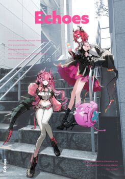 2girls arknights arknights:_endfield bandeau bare_shoulders black_bandeau black_boots black_dress black_gloves black_horns blue_streaks boots breasts comiket_107 commentary_request cone_hair_bun crop_top demon_girl demon_horns dress food gloves green_tail hair_bun high_heel_boots high_heels highres holding holding_food holding_ice_cream horns ice_cream laevatein_(arknights) large_breasts long_hair looking_at_viewer matsuoka_(mtok_0) medium_breasts midriff multicolored_gloves multicolored_hair multicolored_horns multiple_girls navel pants pink_gloves pink_hair pink_horns pink_sleeves pointy_ears purple_eyes red_hair see-through_clothes see-through_sleeves streaked_hair surtr_(arknights) two-sided_gloves two-tone_gloves two-tone_horns white_pants yvonne_(arknights)