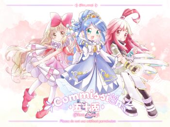 Rule 34 | 3girls, abby (aotu world), ahoge, aotu world, aqua gloves, artist name, asymmetrical gloves, black footwear, black gloves, black leggings, black scarf, blonde hair, blue dress, blue footwear, blue hair, blush, boots, bow, closed mouth, clown, clown drop, club (weapon), commentary, commission, crossover, dress, drill hair, earrings, fingerless gloves, frilled dress, frills, full body, fushigiboshi no futago hime, gloves, gown, green eyes, green shirt, hair bow, hair intakes, hair ornament, hairclip, highres, holding, holding club, holding juggling club, holding wand, holding weapon, huge ahoge, iso usagi, jewelry, juggling club, leggings, long hair, long sleeves, looking at viewer, magical girl, mashiro rima, medallion, multicolored background, multicolored gloves, multiple girls, neck ruff, open mouth, pantyhose, parted lips, pink background, pink dress, pointy boots, pom pom (clothes), red bow, red eyes, red footwear, red hair, rein (futagohime), rein (prominence dress up) (futagohime), ringlets, scarf, shirt, shoes, short sleeves, shugo chara!, side-by-side, sidelocks, sleeveless, sleeveless dress, smile, star (symbol), star earrings, striped clothes, striped shirt, supportasse, thick eyebrows, tiara, twitter username, two-tone gloves, very long hair, wand, wavy hair, weapon, white bow, white gloves, white pantyhose, wide sleeves, yellow background, yellow eyes, yellow gloves