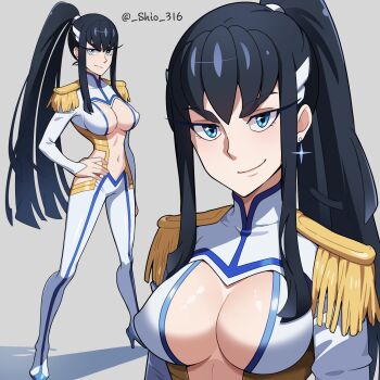 1girl adapted_costume black_hair blue_eyes breasts cleavage_cutout clothing_cutout earrings epaulettes full_body highres jewelry kill_la_kill kiryuuin_satsuki large_breasts long_hair midriff multiple_girls pants ponytail shio_(zsp1jqohfr12495) smile solo