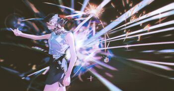 1girl absurdres aerial_fireworks arm_up bare_arms bare_legs black_shorts blood_on_flower blurry blurry_background chainsaw_man chinese_commentary collared_shirt colorful commentary cowboy_shot daisy_(flower) diffraction_spikes fireworks floating_hair flower from_side green_eyes hair_between_eyes highres kiousagi lens_flare looking_at_viewer looking_to_the_side neck_ribbon profile purple_eyes reze_(chainsaw_man) ribbon shirt shorts sideways_glance sleeveless sleeveless_shirt smile snapping_fingers solo updo white_flower white_shirt