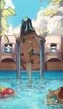 1girl 4others absurdres aqua_hair ass bare_shoulders barefoot bikini black_hair climbing dark-skinned_female dark_skin drednaw from_behind gen_1_pokemon gen_4_pokemon gen_8_pokemon highres huge_ass long_hair magikarp multicolored_hair multiple_others nessa_(pokemon) nintendo piplup pokemon pokemon_swsh pool_ladder poolside sitting sobble sunglasses swimsuit thong thong_bikini two-tone_hair very_dark_skin very_long_hair vicarious