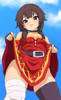 1girl asymmetrical_legwear bandaged_leg bandages bare_shoulders belt black_choker black_gloves black_thighhighs blue_sky blush breasts brown_belt brown_hair choker clothes_lift cloud collarbone cowboy_shot day dress dress_lift fingerless_gloves from_below gloves kono_subarashii_sekai_ni_shukufuku_wo! lifting_own_clothes loli looking_at_viewer looking_down megumin mismatched_legwear off-shoulder_dress off_shoulder outdoors parted_lips red_dress red_eyes short_dress short_hair short_hair_with_long_locks sidelocks single_thighhigh skindentation sky small_breasts smile solo teen-san thighhighs thighs