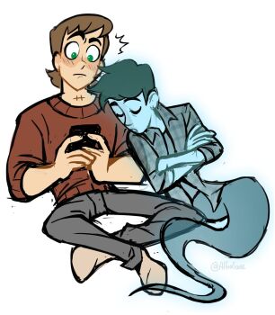 2boys alfiasaee blue_hair blue_skin blush brown_hair cellphone closed_eyes closed_mouth colored_skin couple crossed_arms dmitry_bratsky elijah_douchnov ghost ghost_tail green_eyes highres holding holding_phone leaning_on_person looking_at_phone multiple_boys my_student_spirit pants phone plaid_clothes plaid_shirt red_sweater scar shirt short_hair simple_background sitting sleeping sleeping_on_person smartphone socks spirit sweater twitter_username white_background yaoi