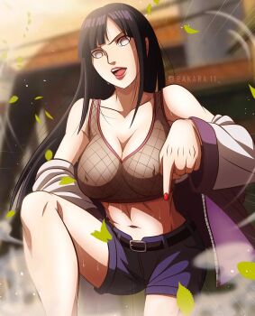 1girl alternate_costume alternate_universe angry belt blue_hair bra breasts byakugan cleavage covered_erect_nipples fishnets groin highres hime_cut hood hoodie hyuuga_hinata jacket large_breasts long_hair looking_at_viewer midriff naruto:_road_to_ninja naruto_(series) naruto_shippuuden navel open_clothes open_hoodie open_jacket pointing purple_eyes short_shorts shorts signature simple_background solo standing underwear