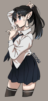 Rule 34 | 1boy, artist logo, black hair, black nails, black necktie, black skirt, black thighhighs, blue eyes, bremen (ergot), commentary request, crossdressing, earrings, ergot, fingernails, from side, grey background, hair tie, hair tie in mouth, holding, holding hair tie, jewelry, logo, long fingernails, long hair, long sleeves, mouth hold, necktie, original, pleated skirt, pointy ears, ponytail, school uniform, shirt, simple background, skirt, solo, thighhighs, tying hair, upper body, white shirt, zettai ryouiki