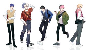 5boys absurdres alternate_costume backpack bag bamby_(plave) beanie black_bag black_hair black_pants blonde_hair blue_hair blue_jacket brown_sweater_vest closed_mouth crossbody_bag cup denim disposable_coffee_cup disposable_cup donut eunho_(plave) food food_on_face full_body green_jacket grey_hat grey_pants grey_sweater_vest hamin_(plave) hand_in_pocket hat headphones headphones_around_neck highres holding holding_cup holding_donut holding_food holding_unworn_clothes holding_unworn_hat hood hoodie jacket jeans jewelry k-pop kiyukyuu looking_back multiple_boys noah_(plave) open_clothes open_jacket pants pink_eyes pink_hair pink_sweater_vest plave red_eyes red_shirt ring shirt shoes shoulder_bag simple_background standing standing_on_one_leg sweater_vest torn_clothes torn_jeans torn_pants unworn_hat unworn_headwear white_background white_hair white_hoodie white_shirt white_shoes yejun_(plave)